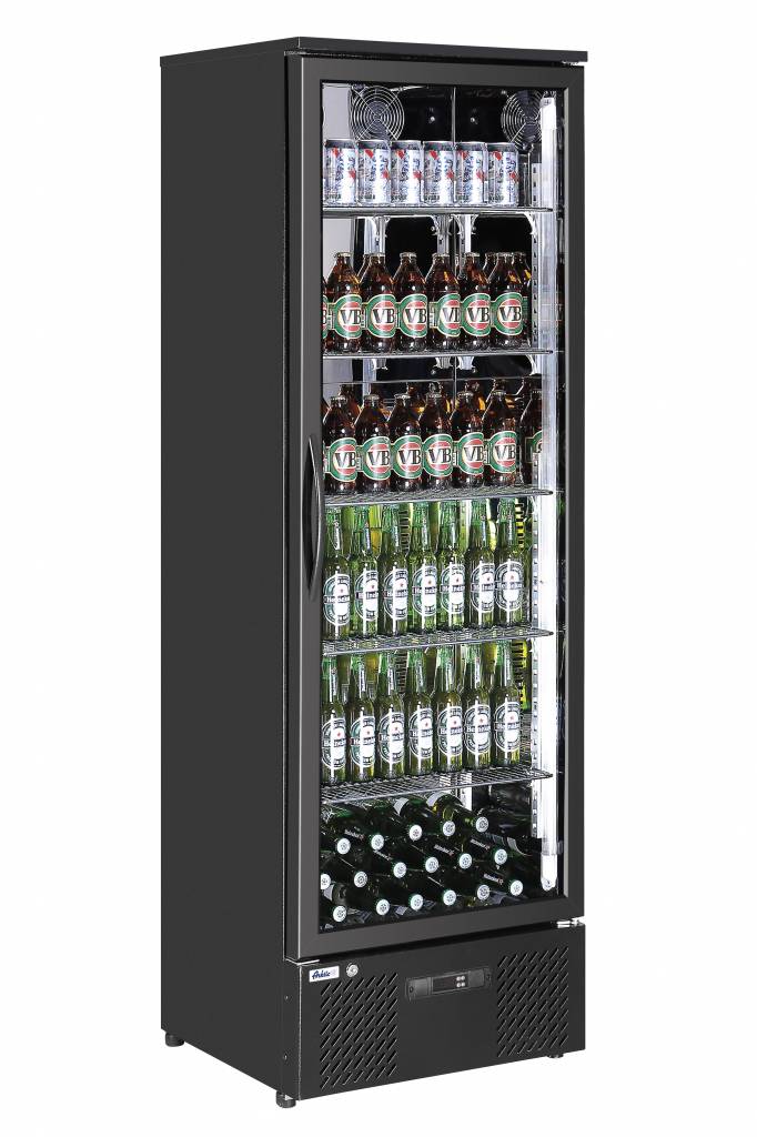 Ein schwarzer Getränkekühlschrank mit Glastür