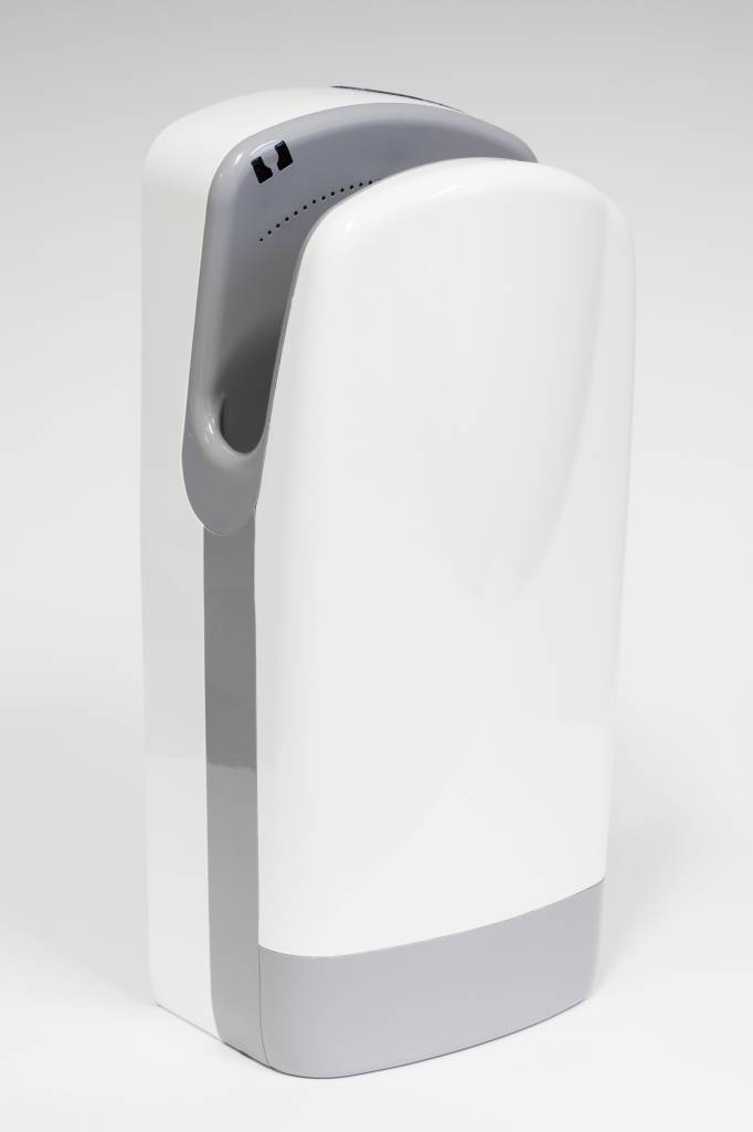 Weiß-grauerer Hands-in-Händetrockner von VAMA mit seitlichem Luftauslass