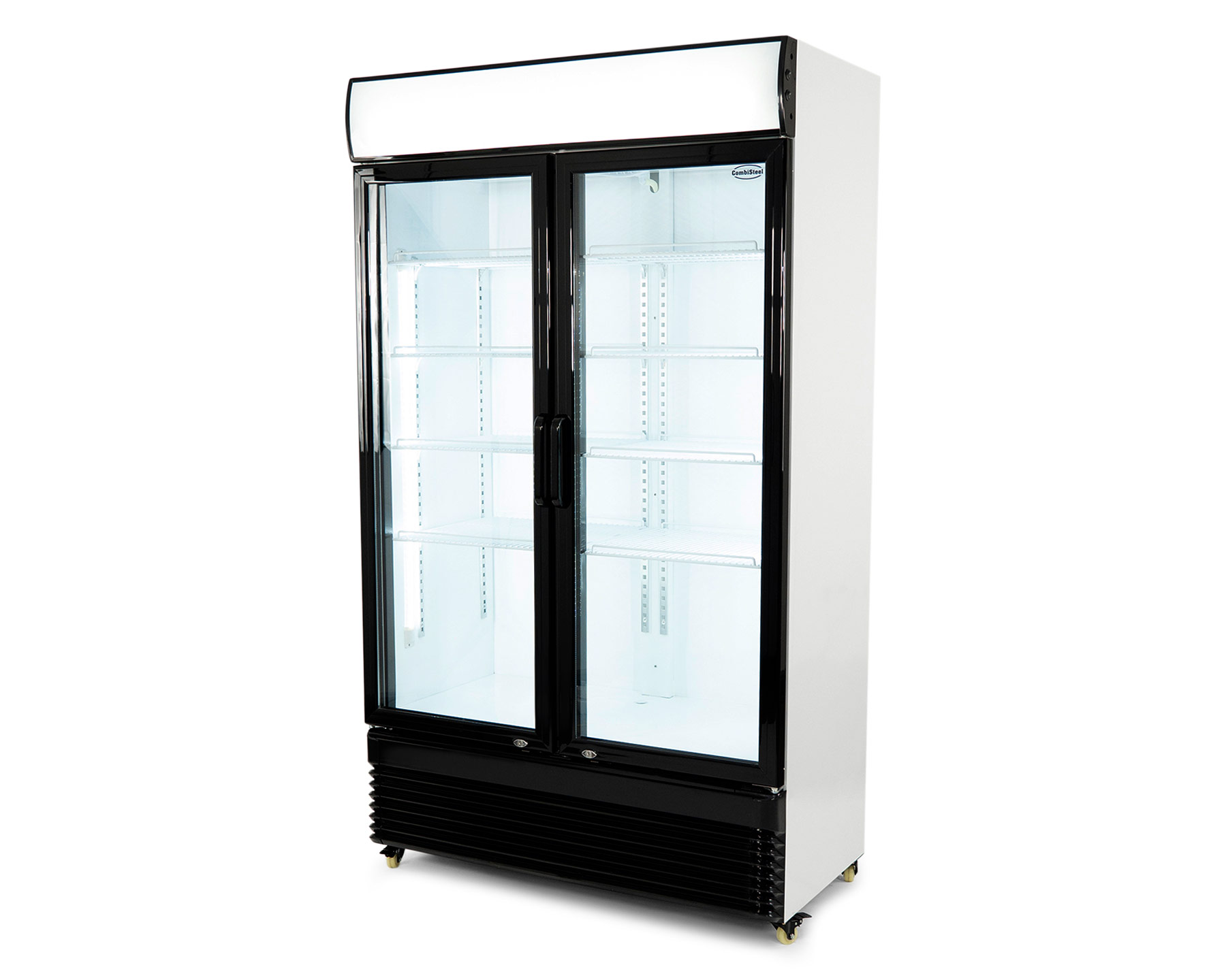 Ein leerer Kühlschrank mit zwei Glastüren.