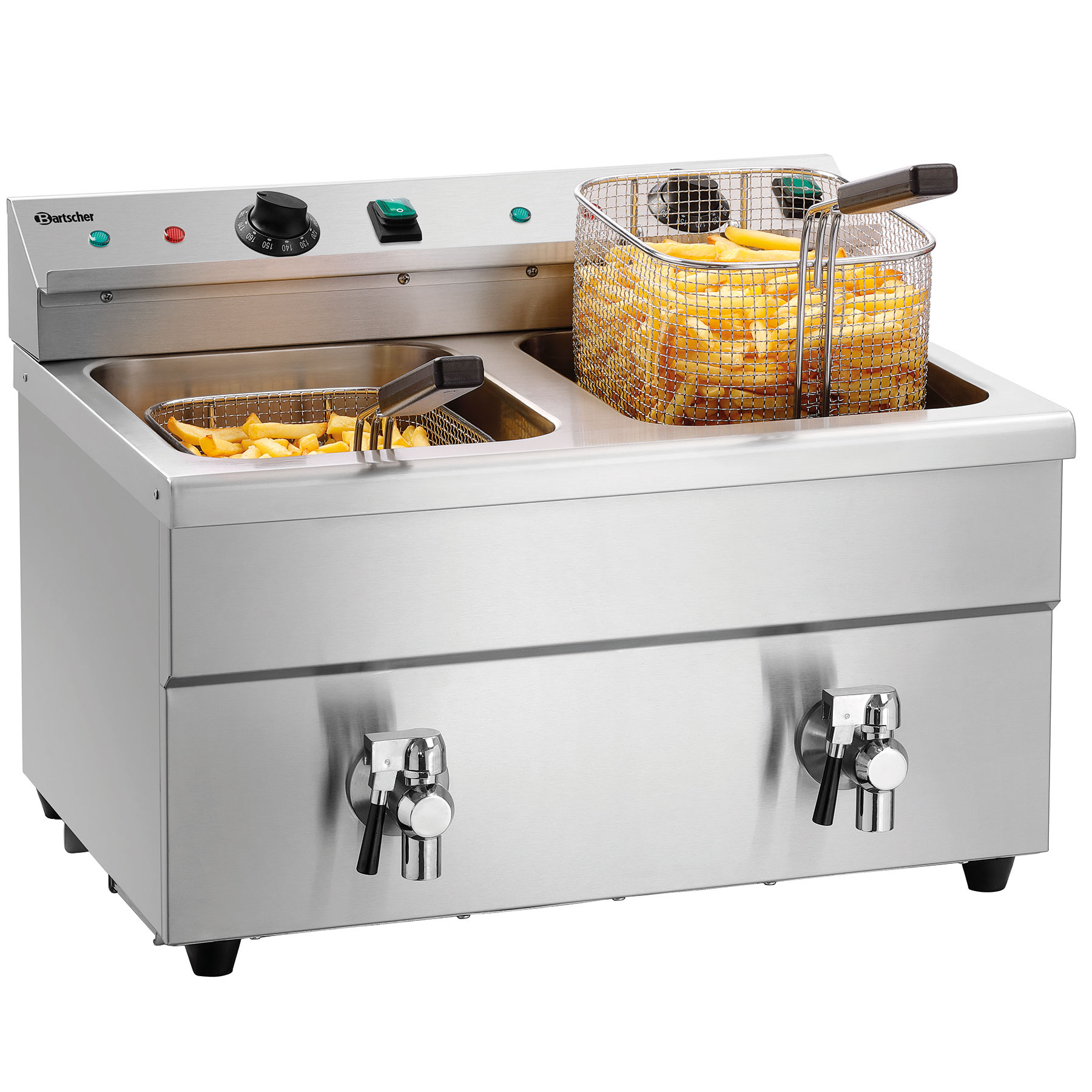 Tischfritteuse mit zwei Frittierbecken, Pommes frites und Ablasshähnen 