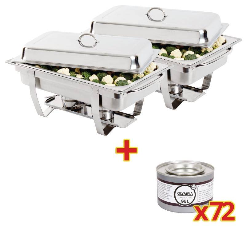 Set aus zwei Edelstahl-Chafing-Dishes mit 72 Brennpasten