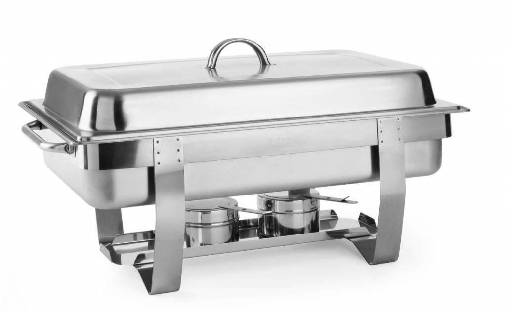 Rechteckiger Edelstahl-Chafing-Dish mit Deckel, Standfüßen und zwei Brennpastenhaltern