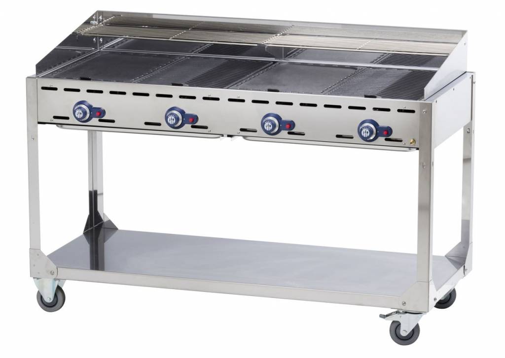 Edelstahl-Grill mit Rädern.