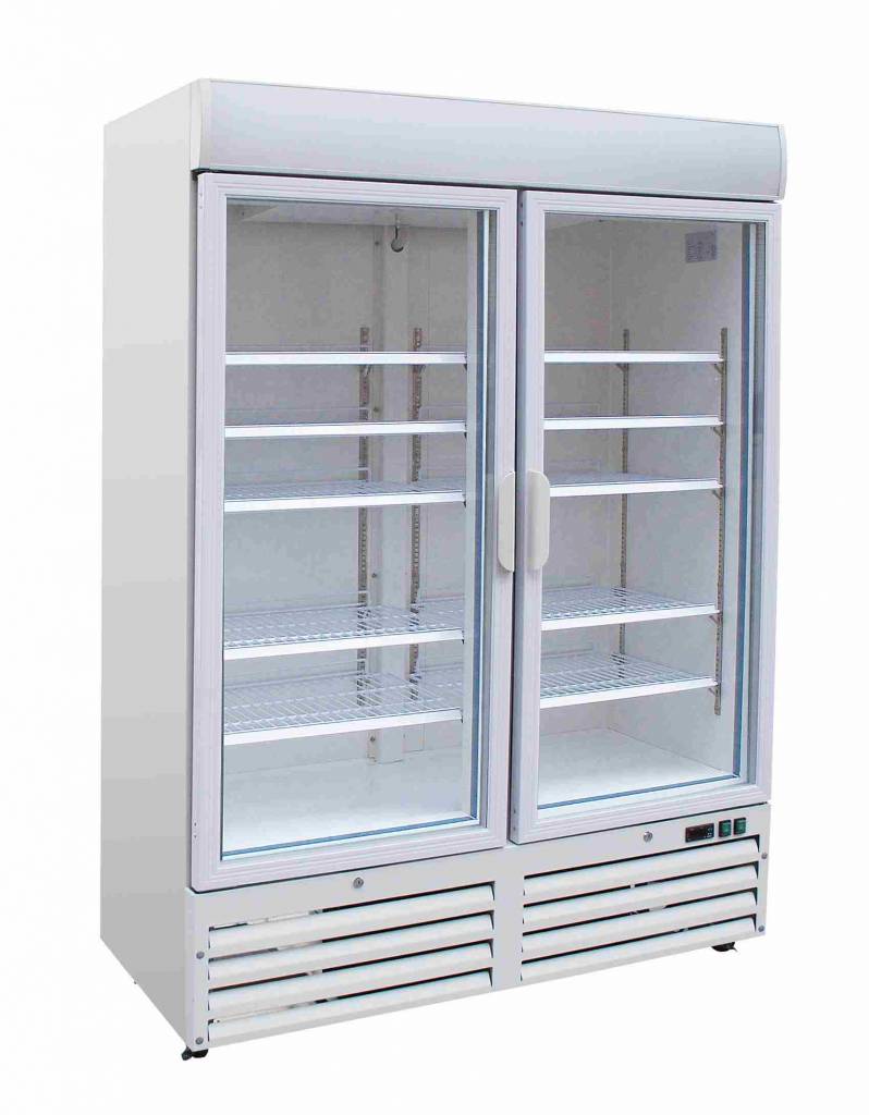 Ein Gesfrierschrank mit Doppeltüren aus Glas