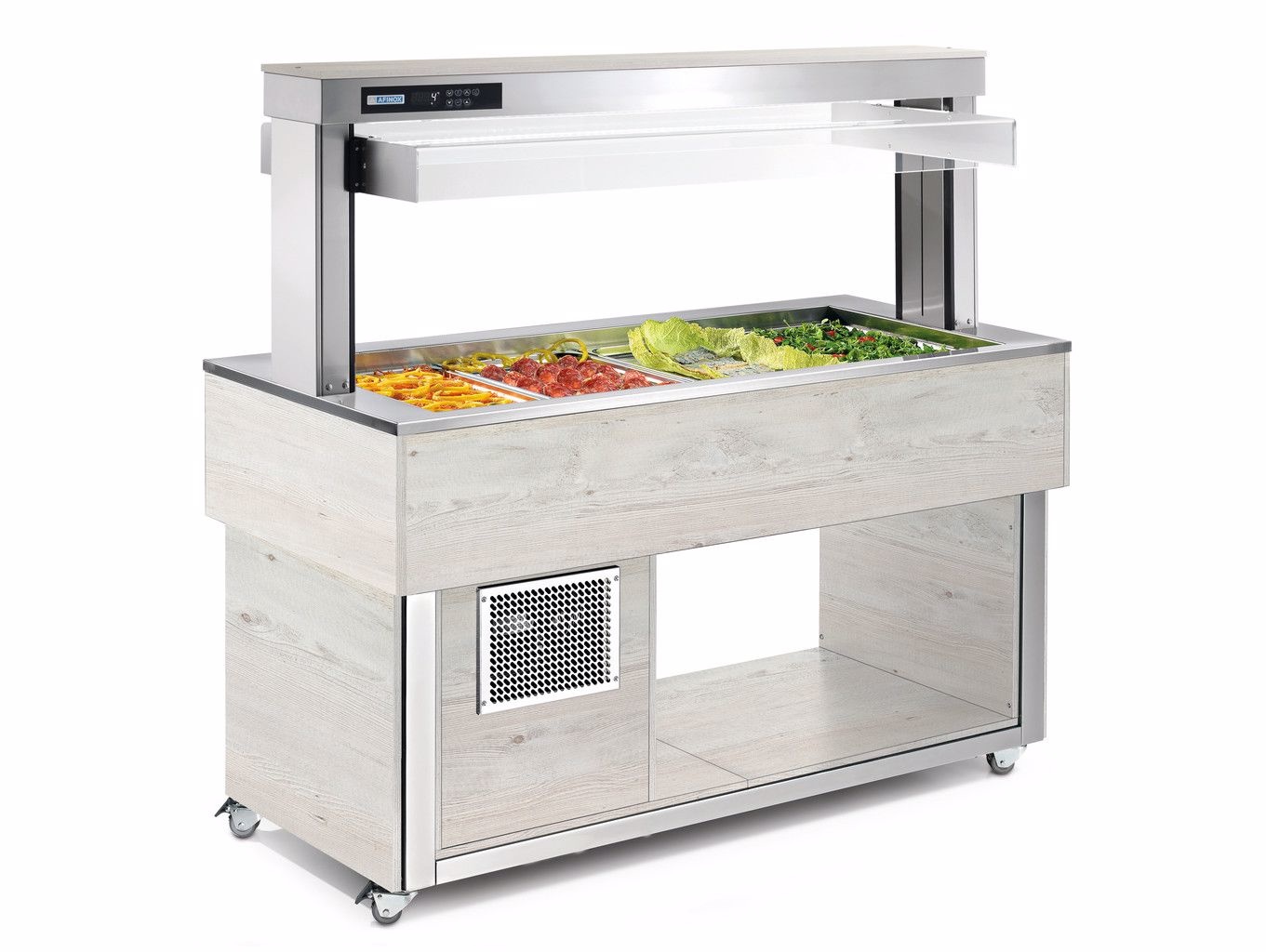 Saladebar met gekoelde presentatie van salade en groente