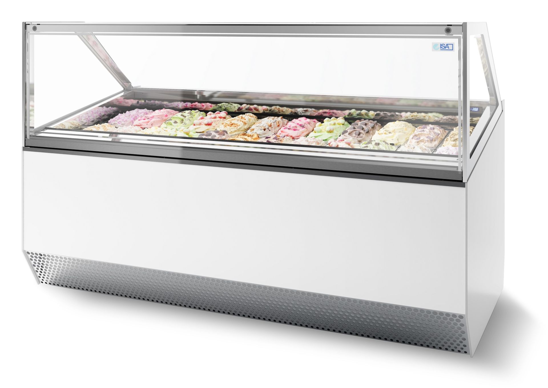 Eine weiße, große Eisvitrine mit Spieseeis.