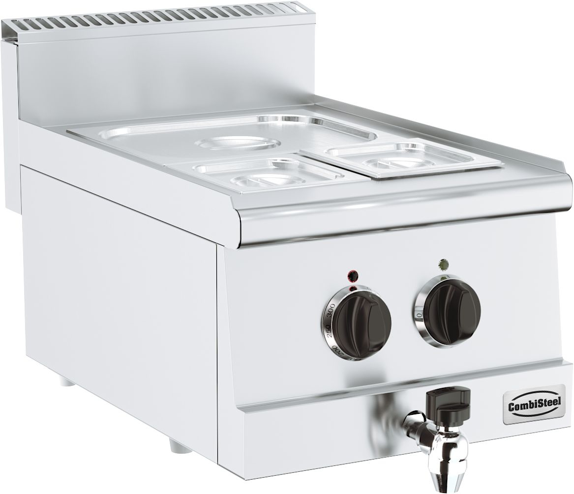 Kompaktes Edelstahl-Bain-Marie von CombiSteel mit zwei Heizzonen, Temperatursteuerung und Ablasshahn für Küchen und Buffets.