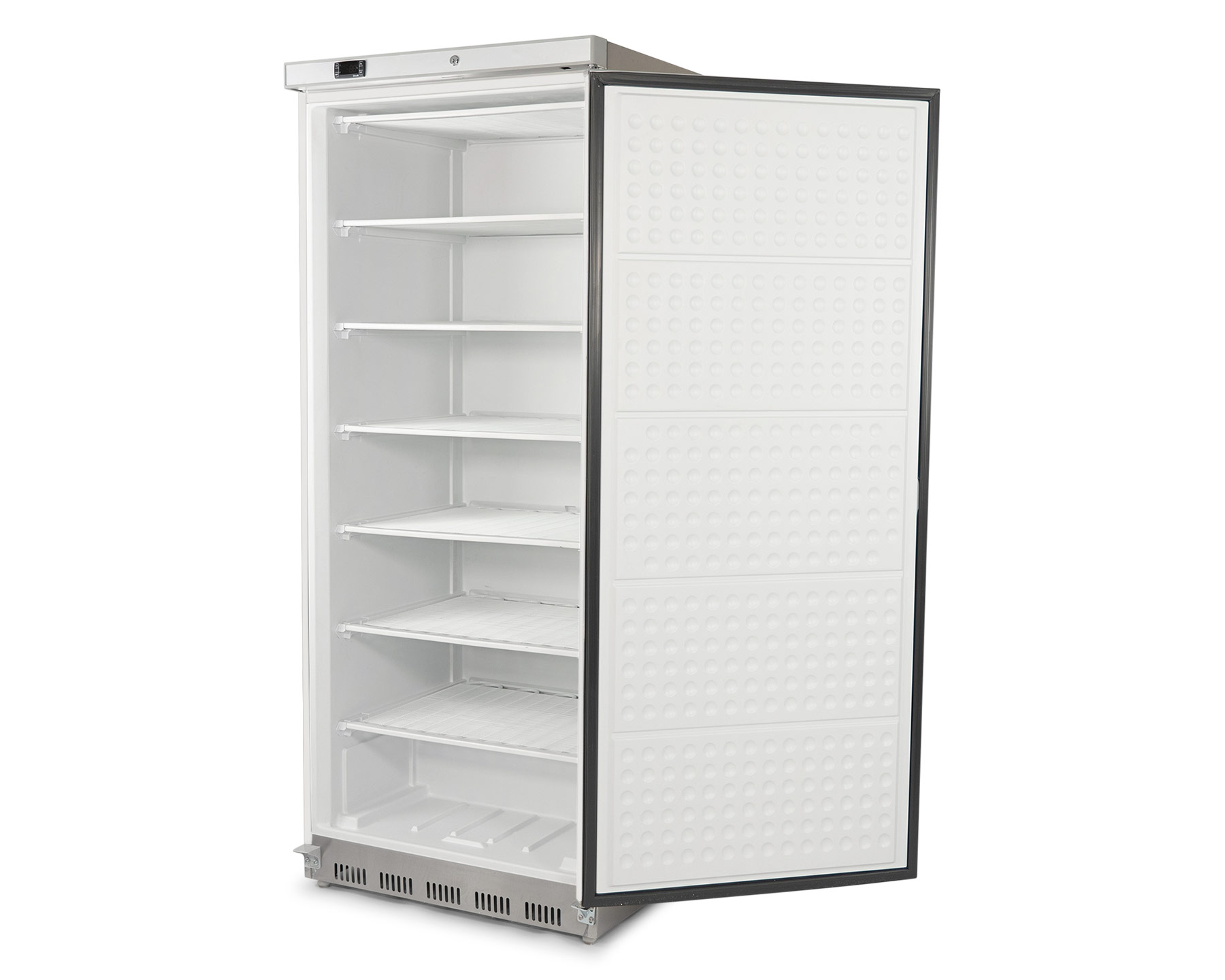 Ein Gesfrierschrank ohne Füße mit gesöffneter Tür.