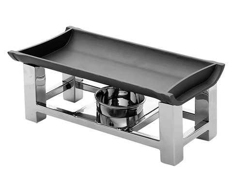 Warmhalteplatte aus Edelstahl und Aluminium mit integrierter Brennpaste-Schale.